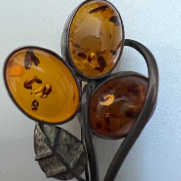 VINTAGE BALTIC AMBER BROOCH 925 STERLING SILVER HONEY  LARGE FLOWER - Picture 5 of 9